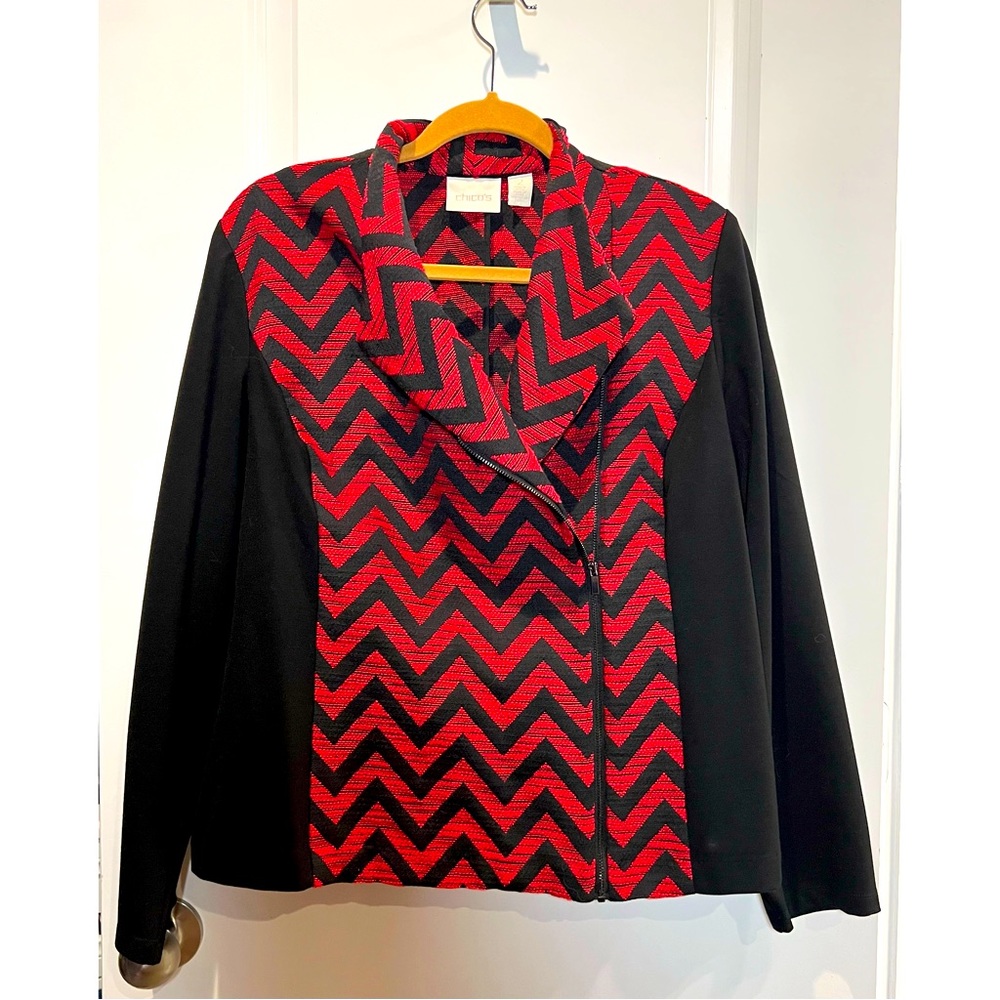 Chico’s Red Black Chevron Moto Jacket Blazer Size 2 / Large EUC